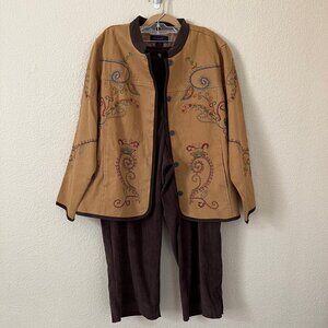 Embroidered Paisley Western Boho Artsy Tan Jacket and Brown Pants Women Size L